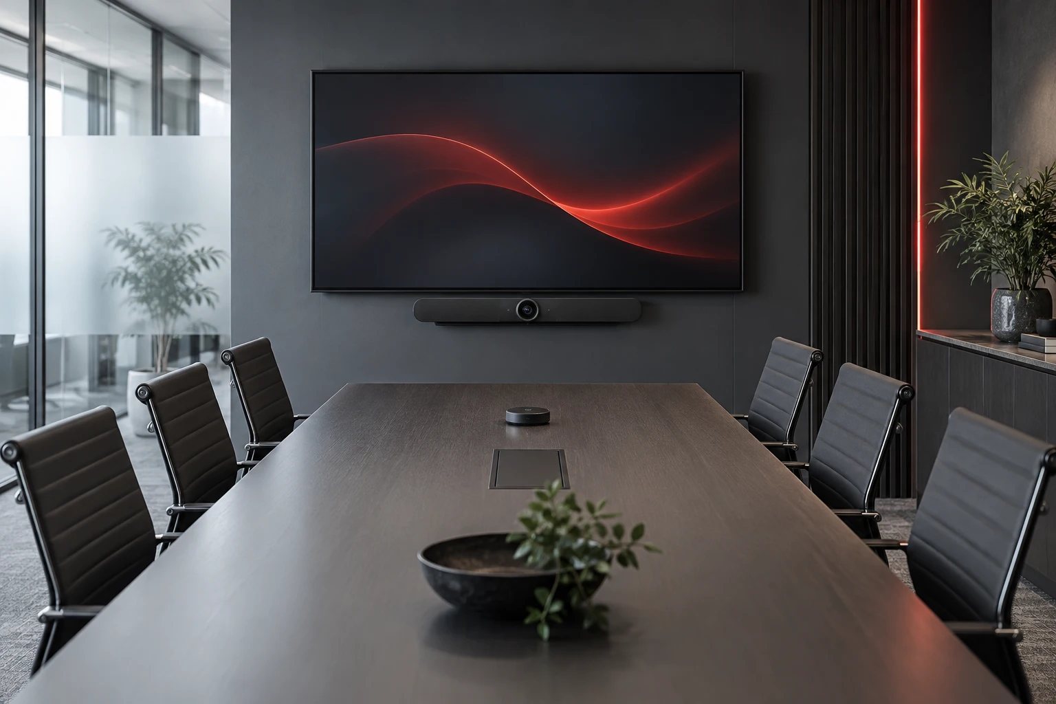 Meeting room with a wall-mounted conferencing bar and tabletop microphone